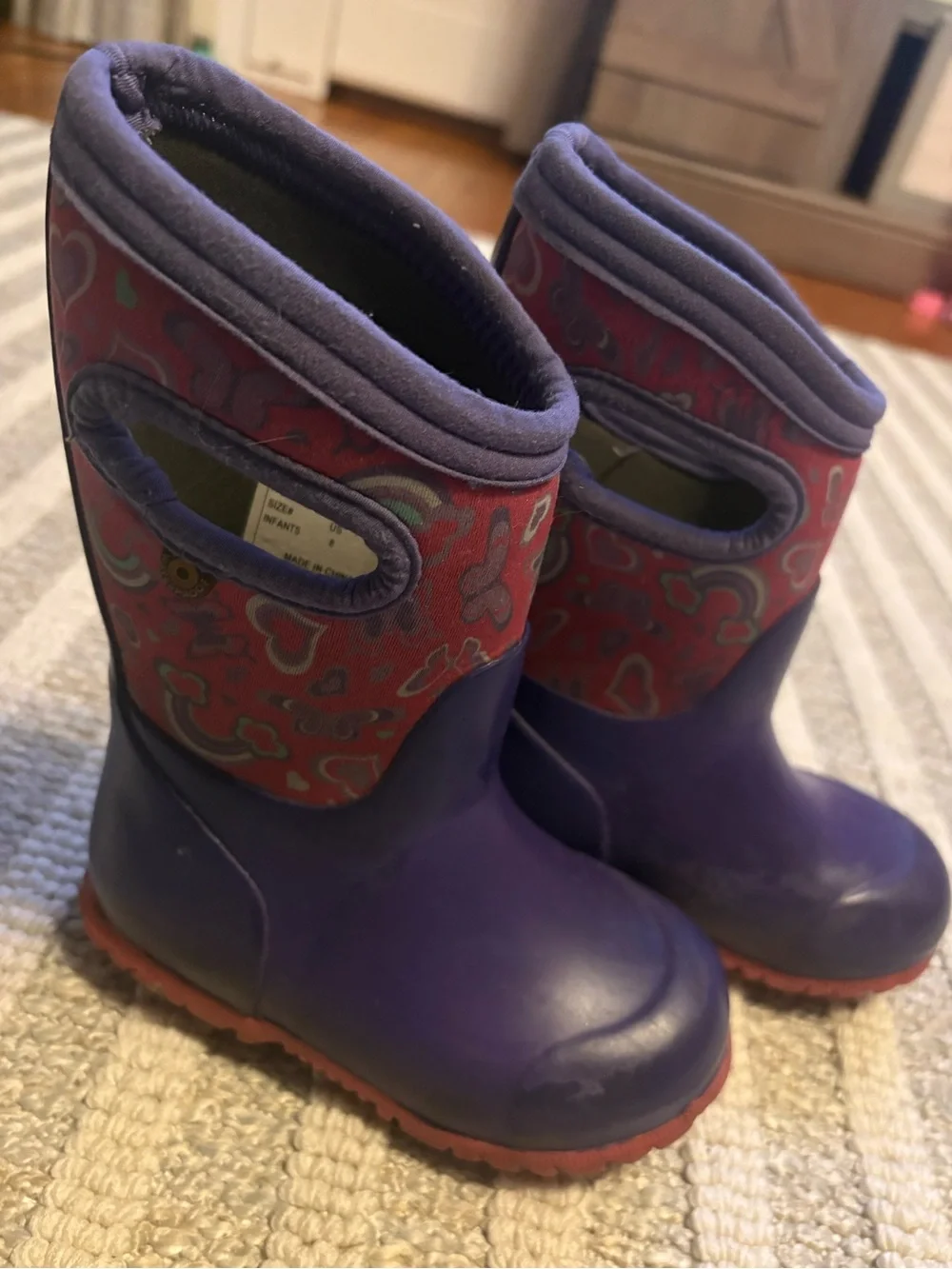 Bogs Kids Purple Rain Boots with Pink Accent Hearts